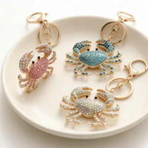 Custom Trendy Bling Marine Animal Crab Keychain  Creative Metal Crystal Encrusted Colorful Rhinestone Crab Charm Key Pendant