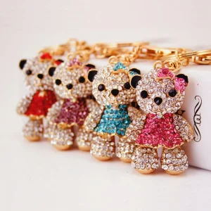 Cute New Alloy Rhinestone Car Pendant Keychain Stylish Bear Bow Design Lightweight Waterproof Fashionable Metal Keychains